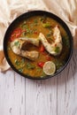 Spicy fish curry with cilantro on the table. vertical top view Royalty Free Stock Photo