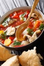 Spicy fish soup with eel, tomatoes and other vegetables close-up in a bowl served with bread. vertical Royalty Free Stock Photo