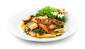 Spicy Fish Stir fried with Chili,Peppers,herbs,eggplants and baby corn Thai Food Style or Cleanfood and Dietfood Royalty Free Stock Photo
