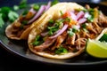 Spicy and flavorful pork carnitas tacos with chopped onions and fresh cilantro, served on a colorful plate