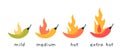 Spicy food level icons, mild, medium and extra hot, cartoon style. Chili, jalapeno, cayenne peppers with fire flames Royalty Free Stock Photo