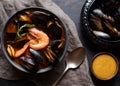 Spicy french soup bouillabaisse with seafood, prawns, mussels. Sauce Rouille. Traditional in France. Dark rustic style.