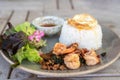 Spicy fried pork and shrimp with basil leaves, stir fried basil, the famous traditional Thai food served with jasmine rice and Royalty Free Stock Photo