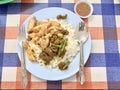 Spicy fried rice, beef and chicken salad Royalty Free Stock Photo