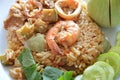 Spicy fried rice prawn and pork with eggplant in shrimp paste sauce on dish Royalty Free Stock Photo