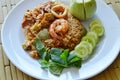 Spicy fried rice prawn and pork with eggplant in shrimp paste sauce on plate Royalty Free Stock Photo