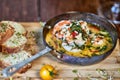 Spicy garlic chilli Prawns Shrimps on frying pan with lemon and cilantro Royalty Free Stock Photo