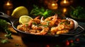 Spicy garlic chilli Prawns Shrimps on frying pan with lemon and cilantro. Generative Ai Royalty Free Stock Photo