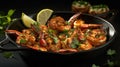 Spicy garlic chilli Prawns Shrimps on frying pan with lemon and cilantro. Generative Ai Royalty Free Stock Photo