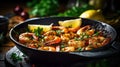 Spicy garlic chilli Prawns Shrimps on frying pan with lemon and cilantro. Generative Ai Royalty Free Stock Photo