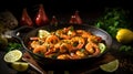 Spicy garlic chilli Prawns Shrimps on frying pan with lemon and cilantro. Generative Ai Royalty Free Stock Photo