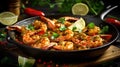 Spicy garlic chilli Prawns Shrimps on frying pan with lemon and cilantro. Generative Ai Royalty Free Stock Photo