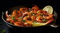 Spicy garlic chilli Prawns Shrimps on frying pan with lemon and cilantro. Generative Ai Royalty Free Stock Photo