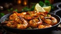 Spicy garlic chilli Prawns Shrimps on frying pan with lemon and cilantro. Generative Ai Royalty Free Stock Photo