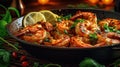 Spicy garlic chilli Prawns Shrimps on frying pan with lemon and cilantro. Generative Ai Royalty Free Stock Photo