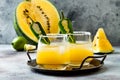 Spicy golden watermelon margarita cocktail with jalapeno and lime. Royalty Free Stock Photo