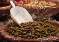 Spicy green olives with chili peppers