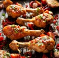 Spicy grilled chicken legs, drumsticks with the addition of chili peppers, garlic and herbs on the grill plate, close-up. Royalty Free Stock Photo