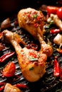 Spicy grilled chicken legs, drumsticks with the addition of chili peppers, garlic and herbs on the grill plate, close-up. Royalty Free Stock Photo