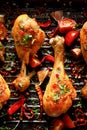 Spicy grilled chicken legs, drumsticks with the addition of chili peppers, garlic and herbs on the grill plate, close-up. Royalty Free Stock Photo