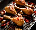 Spicy grilled chicken legs, drumsticks with the addition of chili peppers, garlic and herbs on the grill plate, close-up. Royalty Free Stock Photo