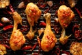 Spicy grilled chicken legs, drumsticks with the addition of chili peppers, garlic and herbs on the grill plate, top view. Royalty Free Stock Photo