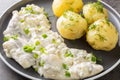 Spicy herring fillet in a creamy sauce with a garnish of boiled potatoes close-up in a plate. horizontal Royalty Free Stock Photo