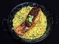 Spicy honey glazed salmon and oporto rice