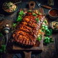 Spicy hot grilled spare ribs from a summer BBQ served with a hot chili pepper and fresh tomatoes on an old vintage Royalty Free Stock Photo