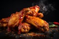 Spicy hot homemade buffalo wings on a plate. Hot chicken wings served with a dip