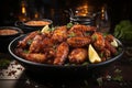 Spicy hot homemade buffalo wings on a plate. Hot chicken wings served with a dip