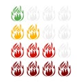 Spicy hot indicator on the rise isolated on white background. Sticker different color fire for menu restaurant in flat style