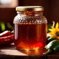 Spicy hot preserved chili oil in jar, homemade condiment