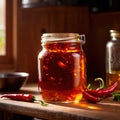 Spicy hot preserved chili oil in jar, homemade condiment