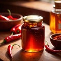 Spicy hot preserved chili oil in jar, homemade condiment