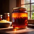 Spicy hot preserved chili oil in jar, homemade condiment