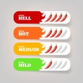 Spicy hot red chili pepper banners or stickers set with flame and rating of spicy. Vector spicy food level icon Royalty Free Stock Photo