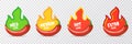 Spicy hot red chili pepper icons set with flame and rating of spicy. Vector spicy food level sticker collection, mild Royalty Free Stock Photo