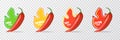 Spicy hot red chili pepper icons set with flame and rating of spicy. Vector spicy food level sticker collection, mild Royalty Free Stock Photo