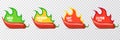 Spicy hot red chili pepper icons set with flame and rating of spicy. Vector spicy food level sticker collection, mild Royalty Free Stock Photo