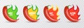 Spicy hot red chili pepper icons set with flame and rating of spicy. Vector spicy food level sticker collection, mild Royalty Free Stock Photo