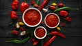 Spicy hot sweet chili sauce with mix of chilli pepper, garlic and tomatoes on rustic wooden background Royalty Free Stock Photo