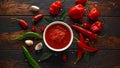 Spicy hot sweet chili sauce with mix of chilli pepper, garlic and tomatoes on rustic wooden background Royalty Free Stock Photo