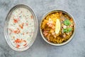 Spicy Indian biryani pulao in golden bowl with India basmati rice dish with chicken meat curry Royalty Free Stock Photo