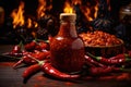 Spicy Infusion Showcase: An alluring showcase captures the essence of a fiery sauce bottle against a wooden canvas