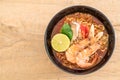 Spicy instant noodles soup with shrimp Royalty Free Stock Photo