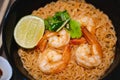 Spicy instant thai style noodles soup with shrimp tom yum kung Royalty Free Stock Photo