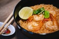 Spicy instant thai style noodles soup with shrimp tom yum kung Royalty Free Stock Photo