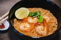 Spicy instant thai style noodles soup with shrimp tom yum kung Royalty Free Stock Photo