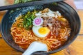 Spicy Japanese ramen noodle soup with egg, Japanese food culture